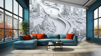 3d render of white map scene with city roads buildings top view isometric perspective Wall mural