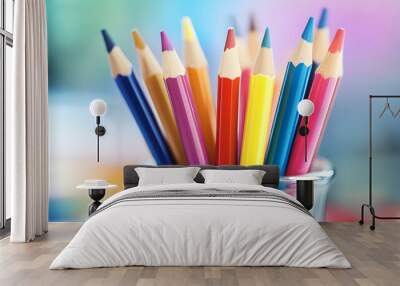 A close-up image of vibrant, sharpened color pencils. School theme Wall mural