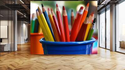 A close-up image of vibrant, sharpened color pencils. School theme Wall mural