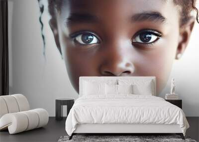 A close-up portrait of a pretty young African girl with dark skin, isolated on white background Wall mural