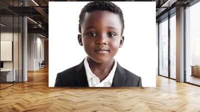 A close-up portrait of an African small boy in elegant suit with black skin against a white background Wall mural