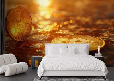 A coin stands on a shimmering surface, reflecting warm light. Concept of digital currency and value. For illustrating financial growth or innovation. Wall mural