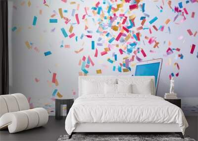 A colorful explosion of confetti from a laptop screen. Wall mural