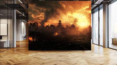 A dramatic war battle scene with soldiers in trenches, explosions lighting up the sky, smoke billowing, and chaos unfolding as troops clash amidst debris and gunfire Wall mural