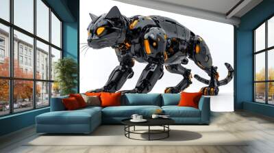 A futuristic robotic cat sleek metallic design isolated on white background Wall mural