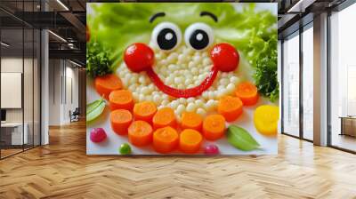 A photo of different fruits and vegetables foods in plates Creative food for children  Wall mural