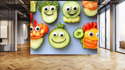 A photo of different fruits and vegetables foods in plates Creative food for children Wall mural