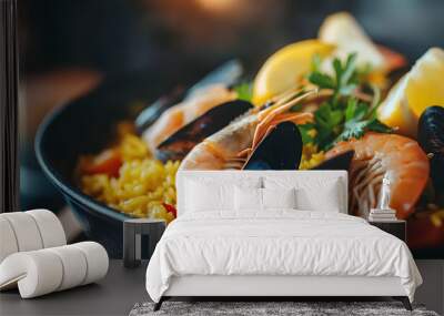 A rich, aromatic seafood paella sits in a dark, rustic pan. Vibrant saffron-stained rice, plump shrimp, mussels, and clams are artfully arranged Wall mural