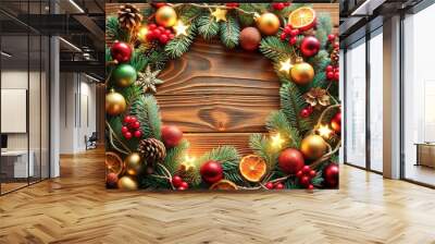 A rustic Christmas wreath hanging on a wooden door.New Year holiday frame with pine cones, berries and ornaments in gold and white colors. Wall mural