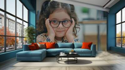 A young girl with curly hair is wearing glasses and resting her hands on her cheeks indoors. Concept of curiosity and wonder. For educational or promotional material about learning. Wall mural