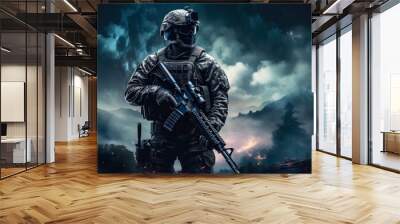 Army soldier with his gun on a dark background
created with Generative AI technology 
 Wall mural