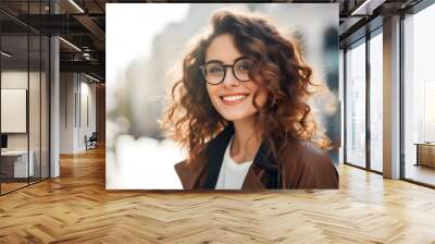 Attractive young brunette woman in eyeglasses smiling on the street Wall mural