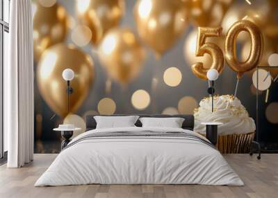 Background for a 50 years birthday anniversary concept with golden balloons and cupcakes Wall mural