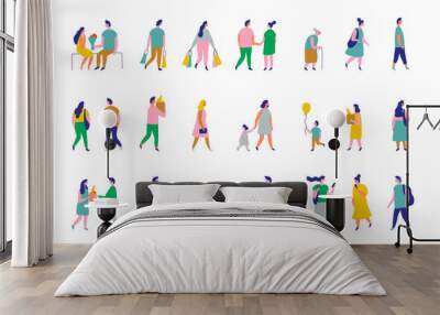 Background people silhouette flat vector set. People crowd. Men and women, kids walking outdoor Wall mural