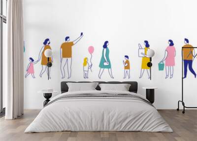 Background people silhouette line vector banner. People crowd. Men and women, kids walking outdoor Wall mural