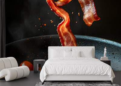 Bacon slices, tomatoes and spices in frying pan commercial advertising photo Wall mural