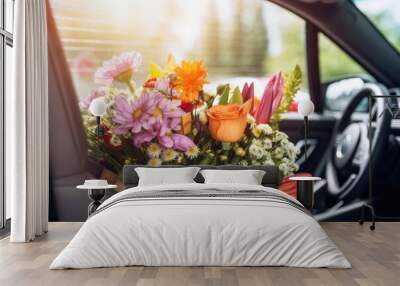 Beautiful flower bouquet inside car Wall mural