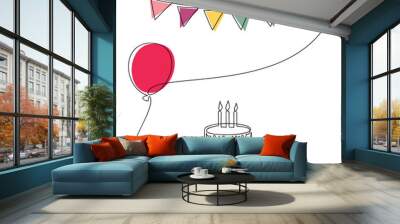 Birthday cake with candle, festive garland flags, air red balloon line continuous drawing. Vector illustration. Hand drawn linear icon. Minimal design greeting card, print, banner, poster, invitation. Wall mural