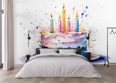 Birthday cake with candles watercolor illustration isolated on white background created with Generative AI technology Wall mural