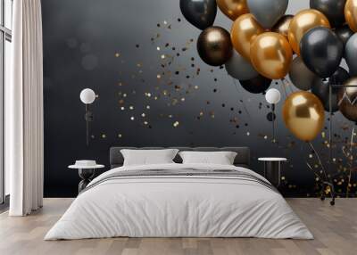 Black and golden balloons with sparkles high detailed background, in the style of dark gray created with Generative AI technology Wall mural