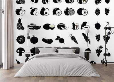 Black and white illustration. Set of different fresh vegetables and fruits. Wall mural