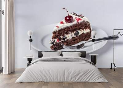 Black Forest cake slice on a plate. Generative AI. Wall mural