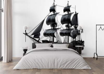 Black pirate ship sailboat isolated on white background Wall mural