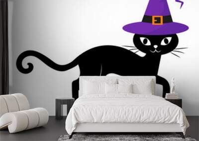 Black silhouette of a  cat in witch hat with a Halloween theme. Vector illustration Wall mural