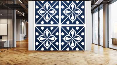 Blue geometric floral tiles ornament flat style. Portuguese azulejo motifs. Vintage Floor Tile geometric design with ornamental element Wall mural