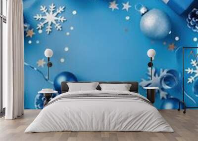 Blue holiday decor with gifts and sparkling ornaments Wall mural