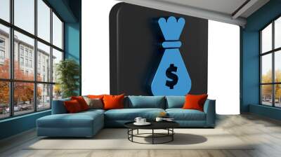 Blue Money bag icon isolated on transparent background. Dollar or USD symbol. Cash Banking currency sign. Black square button. Wall mural