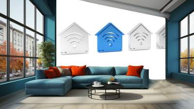 Blue Smart home with wi-fi icon isolated on white background. Remote control. Minimalism concept. 3D render illustration Wall mural