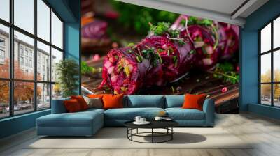 Boiled beetroot rolls stuffed with vegetables and herbs, served on a wooden board. Bright colors add an appetizing look Wall mural