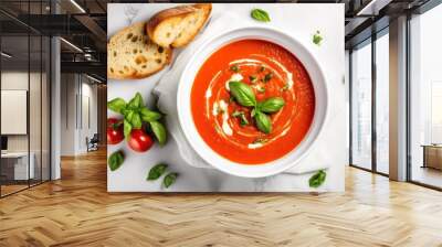 Bowl of hot tomato soup. Healthy vegetarian dish of roasted tomatoes with garlic and basil. Mediterranean cuisine. Top view. Wall mural