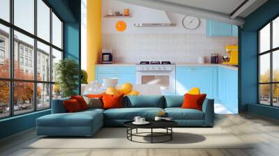 Bright kitchen with retro-inspired design. The space has colorful vintage appliances Wall mural