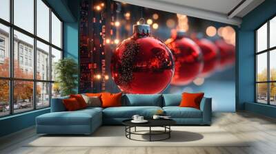 Bright red ornaments with detailed circuit reflections Wall mural