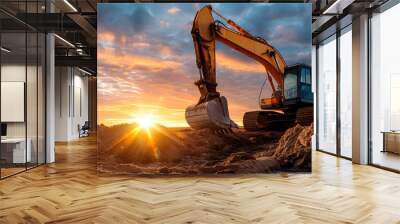 Bright yellow construction excavator at work on building site Wall mural