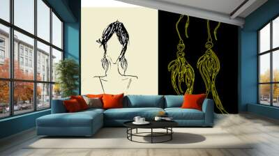 Gold Boho Earrings on a black background. Earrings sketch Wall mural