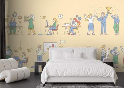 Business people, teamwork line art vector horizontal banner. Office workplace, meeting. People working together in the office. Flat vector illustration. Wall mural