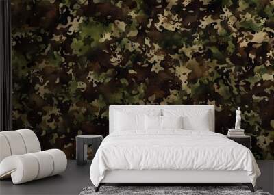 Camouflage military texture, army uniform pattern, dark green brown background Wall mural