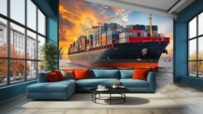 Cargo ship at sunset with containers Wall mural