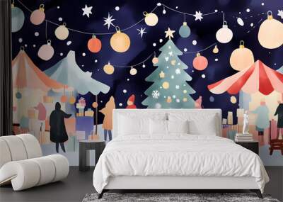 Cartoon Christmas market with festive stalls and twinkling lights. Christmas night fair watercolor illustration Wall mural