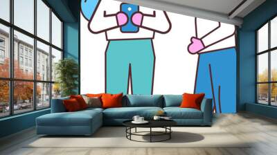 Cartoon hand drawn line art people using phone Wall mural