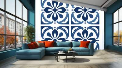 Ceramic blue floral tiles. Traditional mosaic Portuguese azulejo motifs. Vintage Floor Tile geometric design with ornamental element Wall mural