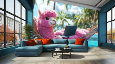 Charming pink alpaca using laptop in a pool hammock Wall mural