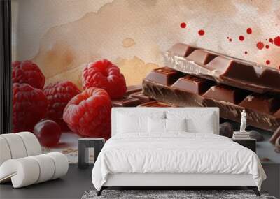 Chocolate bars with berries and splashes of paint Wall mural