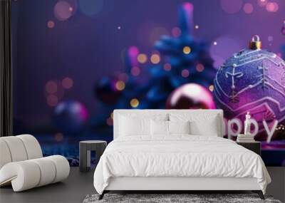 Christmas decorations with glowing ornaments and 'Happy 2025' text. Wall mural