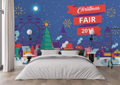 Christmas market and holiday fair poster.  Winter and holiday activities. Flat vector illustration. Wall mural