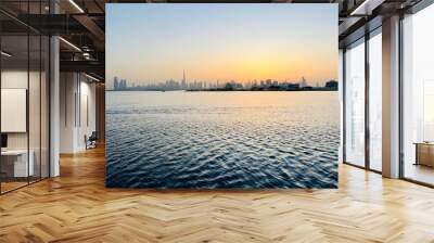 City river at the sunset time, silhouette of the cityscape at the river, twilights Wall mural