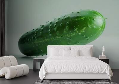 Close-up of a fresh, green cucumber with water droplets on a light, neutral background. Fresh Dewy Cucumber on a Light Background Wall mural